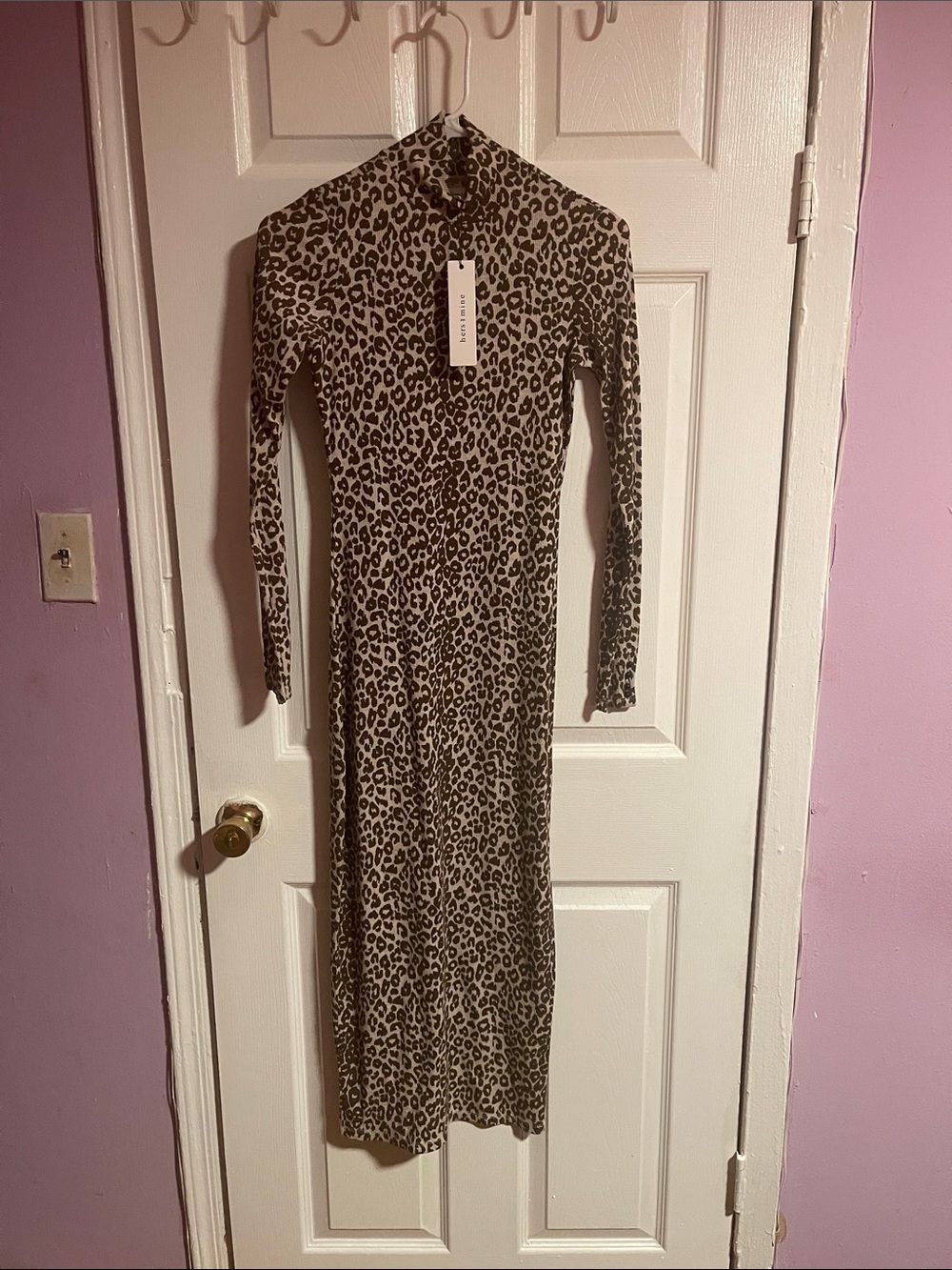 Leopard-Print Mock Neck Long Sleeve Maxi Dress in Beige and Black
